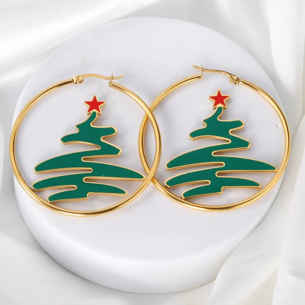 Santa Circle Big Hoop Earrings For Christmas Cute Christmas Tree Stocking Canes Jingle Bell Charm Earrings Trendy asonjewelry